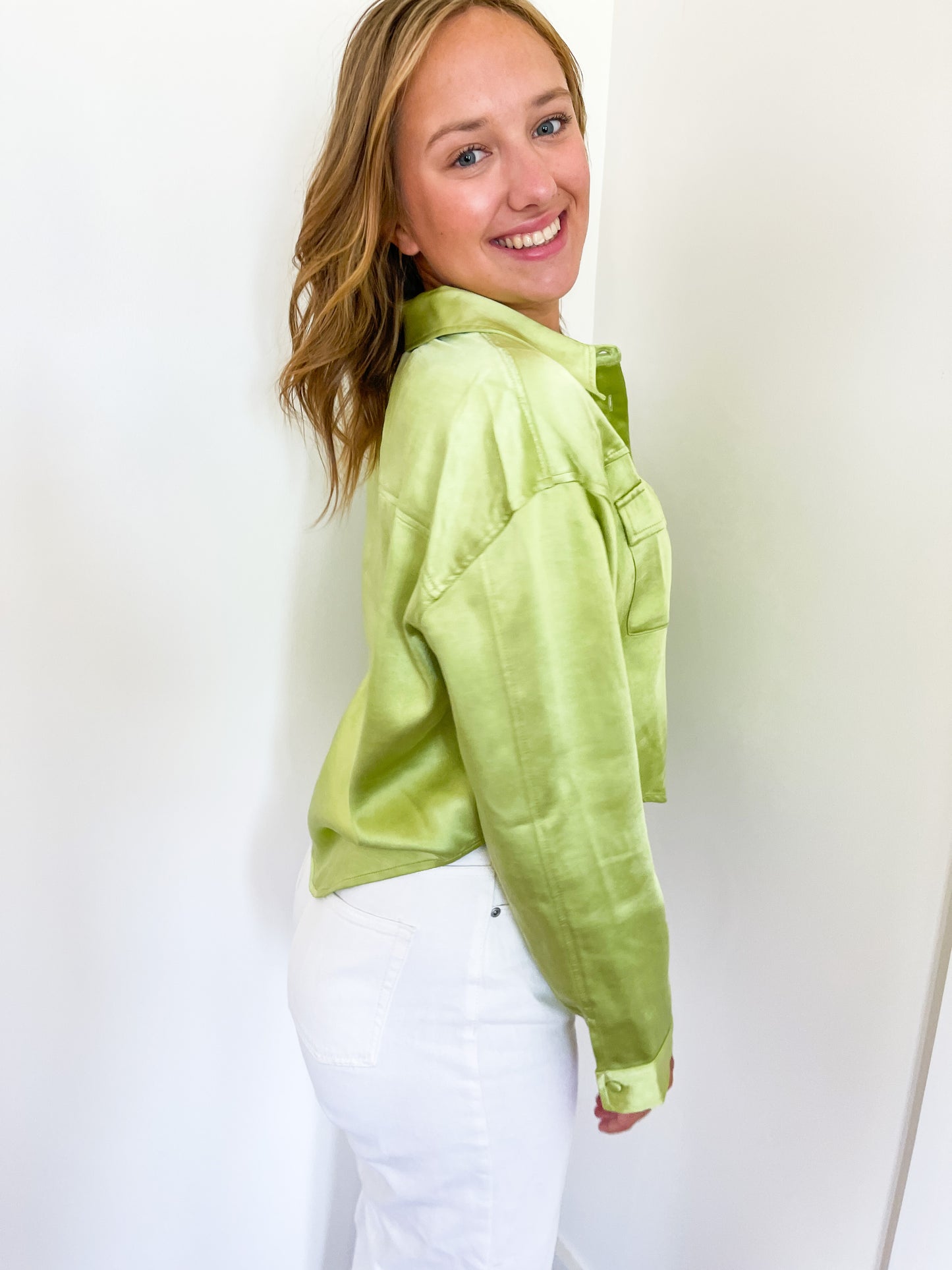 Green Satin Effect Button Down