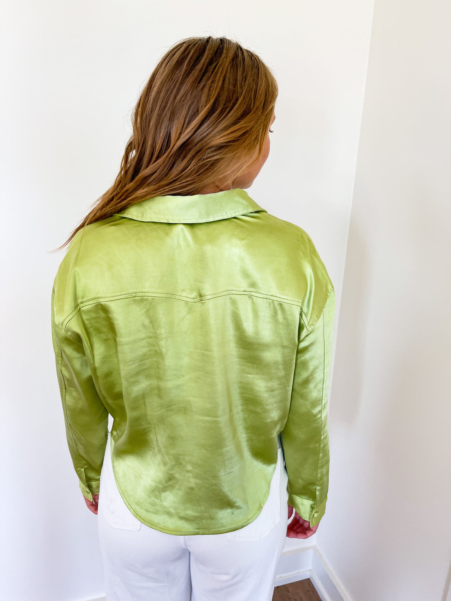 Green Satin Effect Button Down